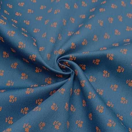Květiny - Bavlněný satén - Modrá, Oranžová - 100% bavlna 