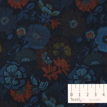 Květiny - Modrá, Oranžová - 100% bavlna 