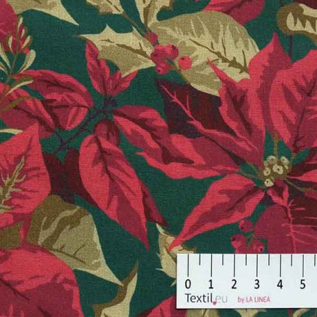 Květiny, Vánoce - Bavlněné plátno - Zelená, Červená - 100% bavlna 