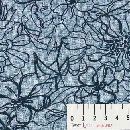 Květiny - Bavlněný popelín - Modrá - 100% bavlna 