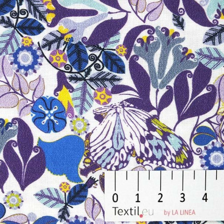 Flowers, Animals - Violet, Blue - 100% cotton 