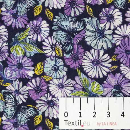 Flowers, Animals - Violet, Yellow - 100% cotton 