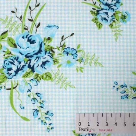 Checks, Flowers - Blue - 100% cotton 