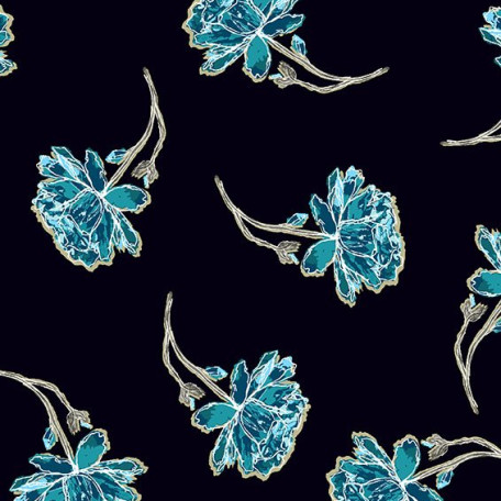 Květiny - Modrá, Černá - 100% bavlna 