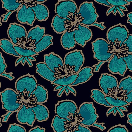 Květiny - Modrá, Černá - 100% bavlna 