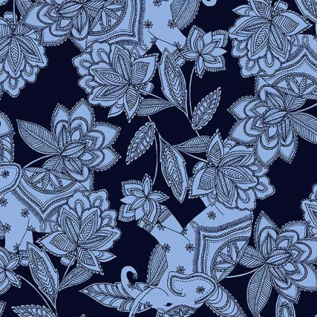 Květiny, Ornamenty - Modrá, Černá - 100% bavlna 