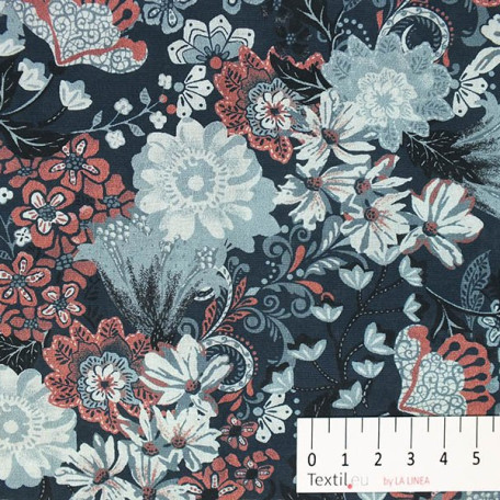 Flowers - Blue, Red - 100% cotton 
