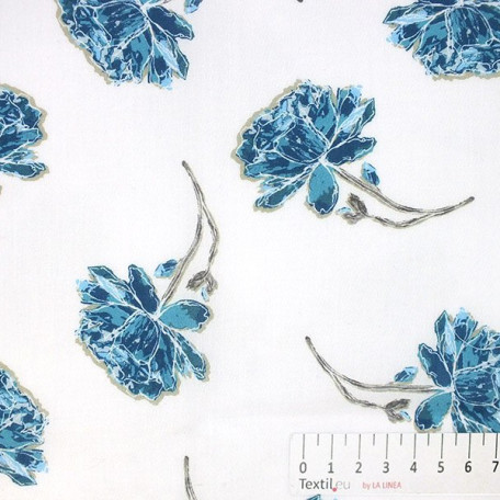 Květiny - Bílá, Modrá - 100% bavlna 