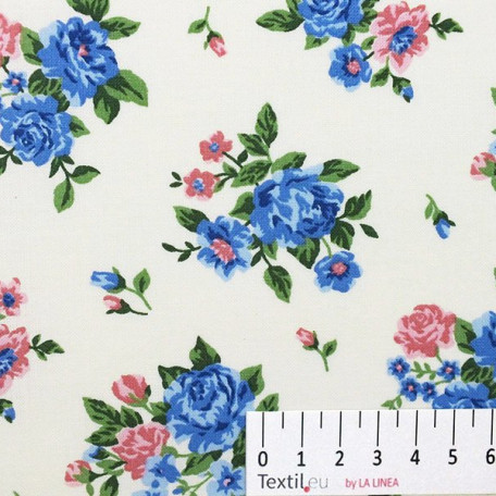 Flowers - Beige, Blue - 100% cotton 