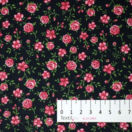 Květiny - Černá, Růžová - 100% bavlna 
