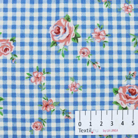 Flowers, Checks - Cotton plain - Pink, Blue - 100% cotton 