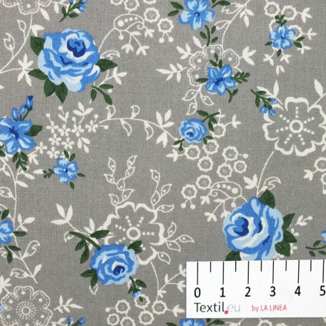 Flowers - Cotton plain - Grey, Blue - 100% cotton 