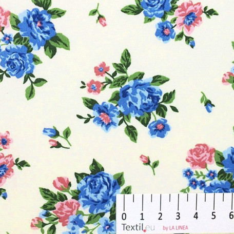 Květiny - Bavlněné plátno - Modrá, Růžová - 100% bavlna 