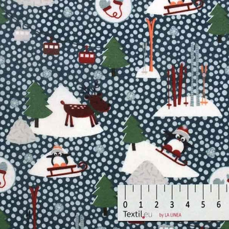 Vánoce, Zvířata - Bavlněné plátno - Modrá - 100% bavlna 