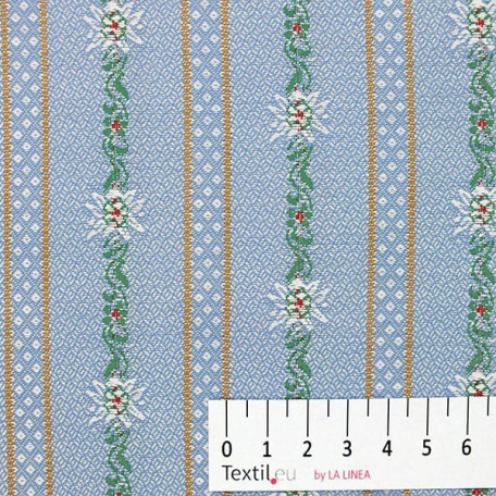 Kwiaty , Paski - Żakard - Niebieski  - 100% bawełna  