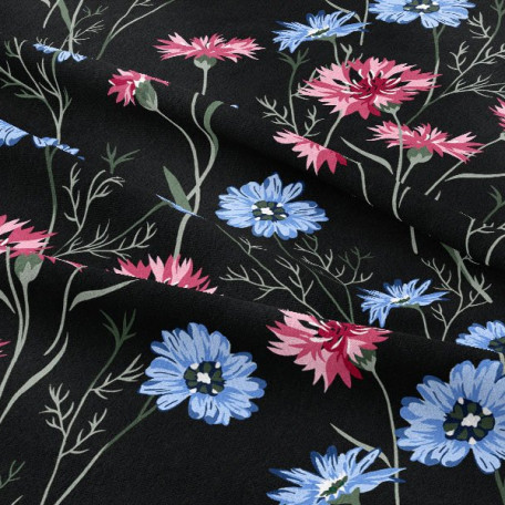Květiny - Bavlněný satén - Černá, Modrá - 100% bavlna 
