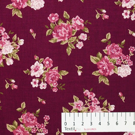 Flowers - Cotton Sateen - Burgundy, Red - 100% cotton 
