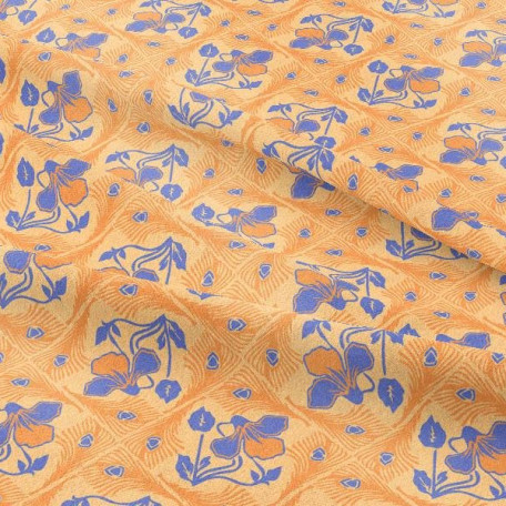 Květiny - Bavlněný popelín - Modrá, Oranžová - 100% bavlna 