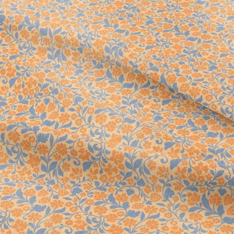 Květiny - Bavlněný popelín - Oranžová, Modrá - 100% bavlna 