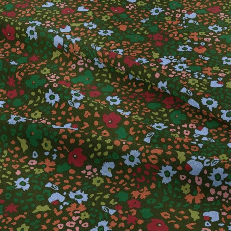 Květiny - Bavlněný popelín - Zelená, Červená - 100% bavlna 