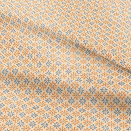 Květiny - Bavlněný popelín - Oranžová, Modrá - 100% bavlna 