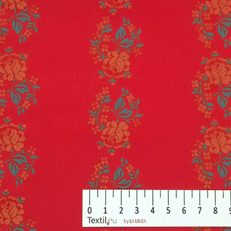 Paski, Kwiaty  - Satyna bawełniana - Czerwony  - 100% bawełna  