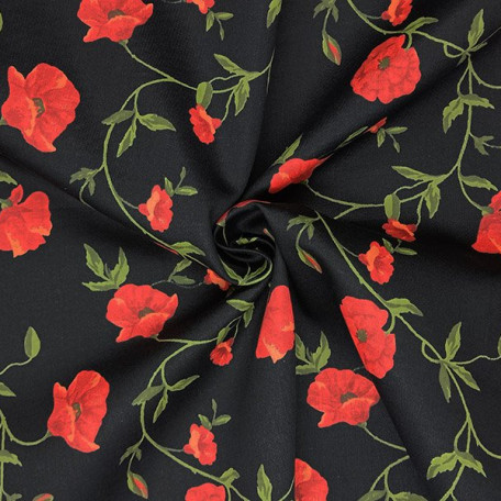 Květiny - Bavlněný satén - Černá, Červená - 100% bavlna 