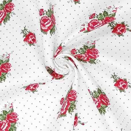 Flowers, Dots - Cotton Sateen - White, Red - 100% cotton 